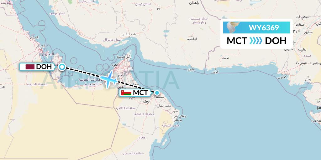 WY6369 Oman Air Flight Map: Muscat to Doha