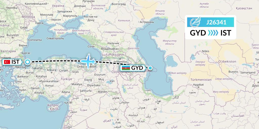 J26341 Azerbaijan Airlines Flight Map: Baku to Istanbul