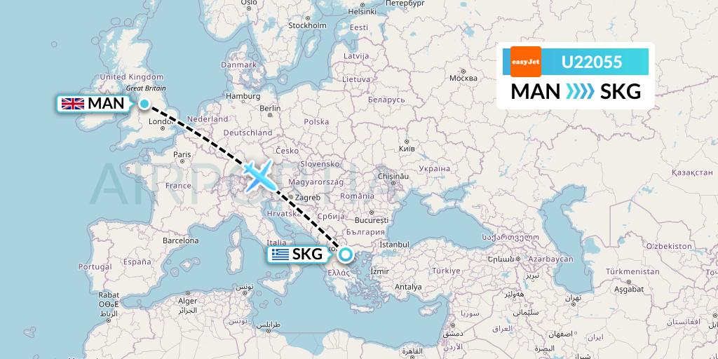 U22055 EasyJet Flight Map: Manchester to Thessaloniki