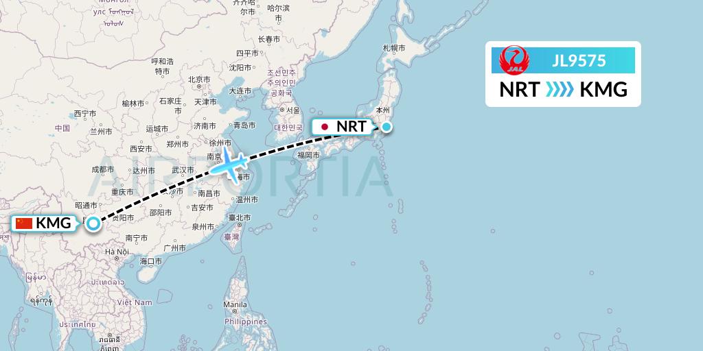 JL9575 Japan Airlines Flight Map: Tokyo to Kunming