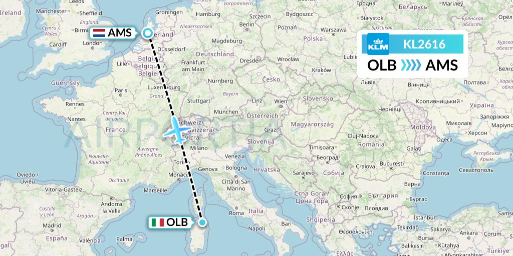 KL2616 KLM Flight Map: Olbia to Amsterdam