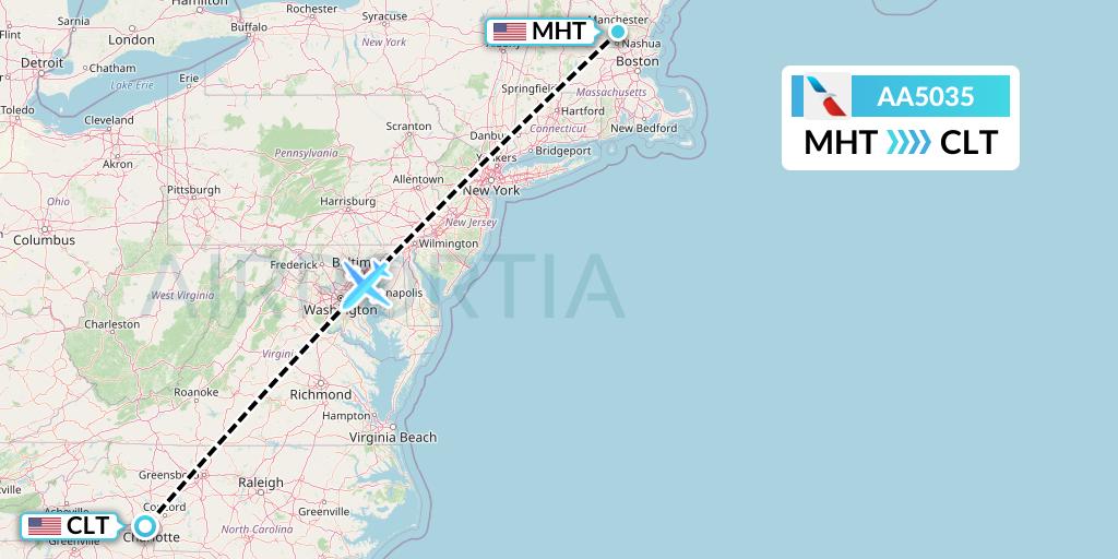 AA5035 American Airlines Flight Map: Manchester to Charlotte