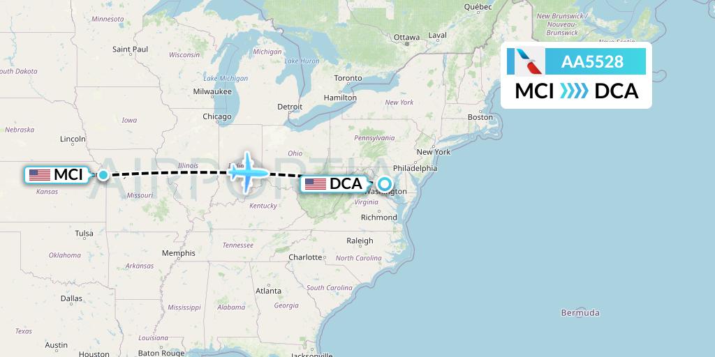 AA5528 American Airlines Flight Map: Kansas City to Washington