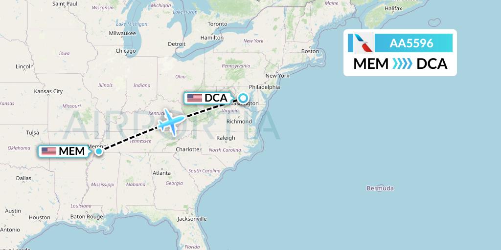 AA5596 American Airlines Flight Map: Memphis to Washington
