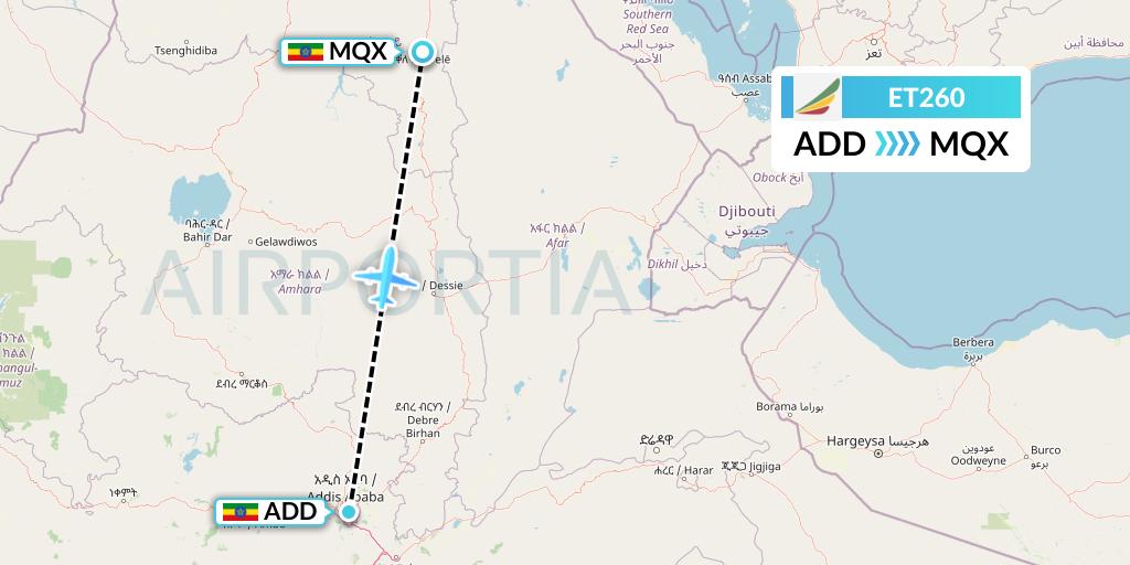 ET260 Ethiopian Airlines Flight Map: Addis Ababa to Ethiopia