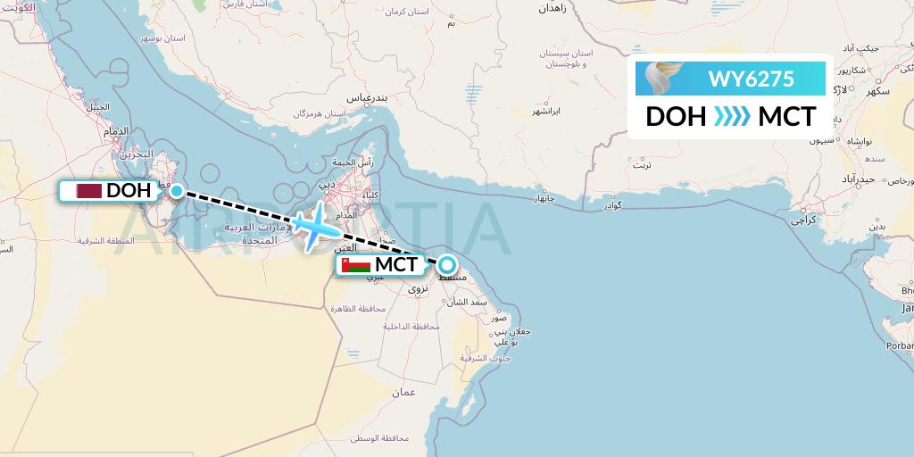 WY6275 Oman Air Flight Map: Doha to Muscat