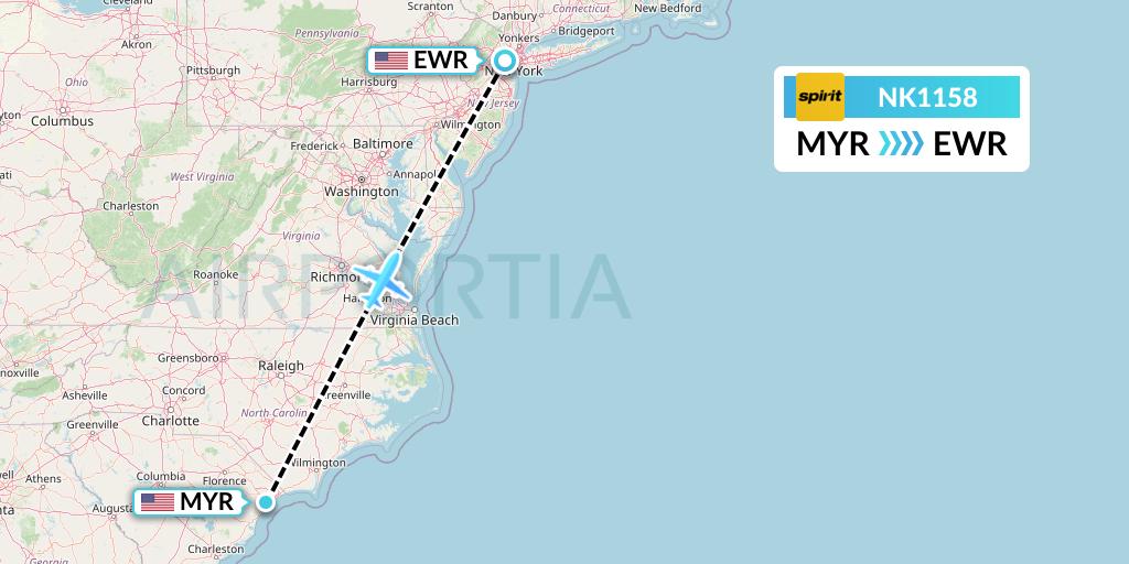 NK1158 Spirit Airlines Flight Map: Myrtle Beach to New York