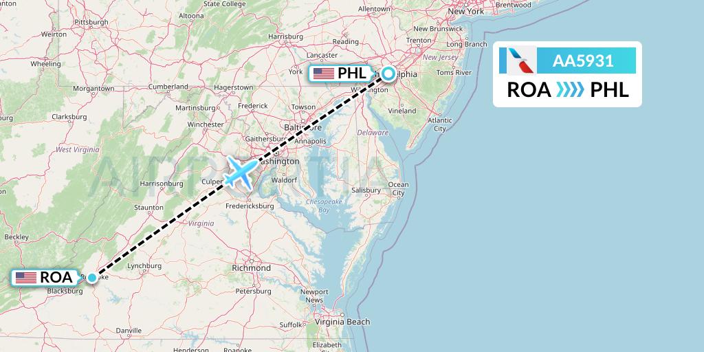 AA5931 American Airlines Flight Map: Roanoke to Philadelphia