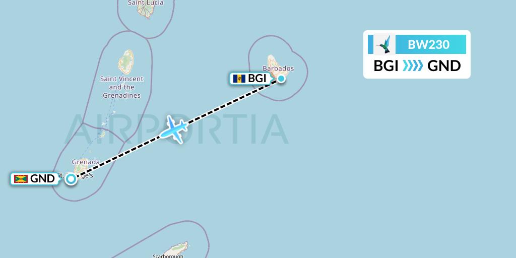 BW230 Caribbean Airlines Flight Map: Bridgetown to Point Salines
