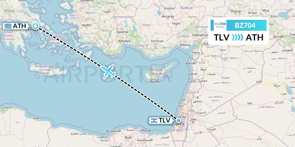 BZ704 Bluebird Airways Flight Map: Tel Aviv to Athens
