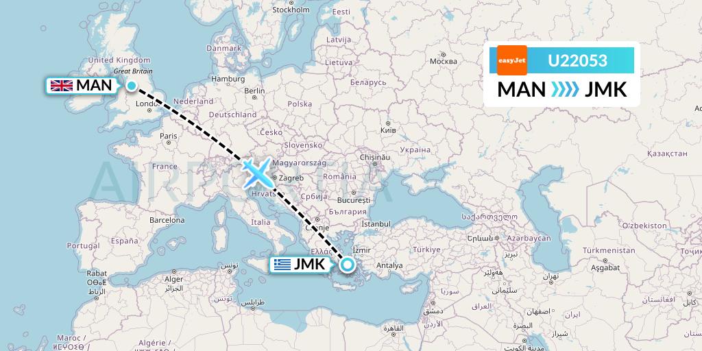 U22053 EasyJet Flight Map: Manchester to Mykonos
