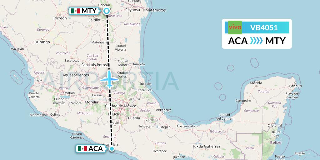 VB4051 VivaAerobus Flight Map: Acapulco to Monterrey