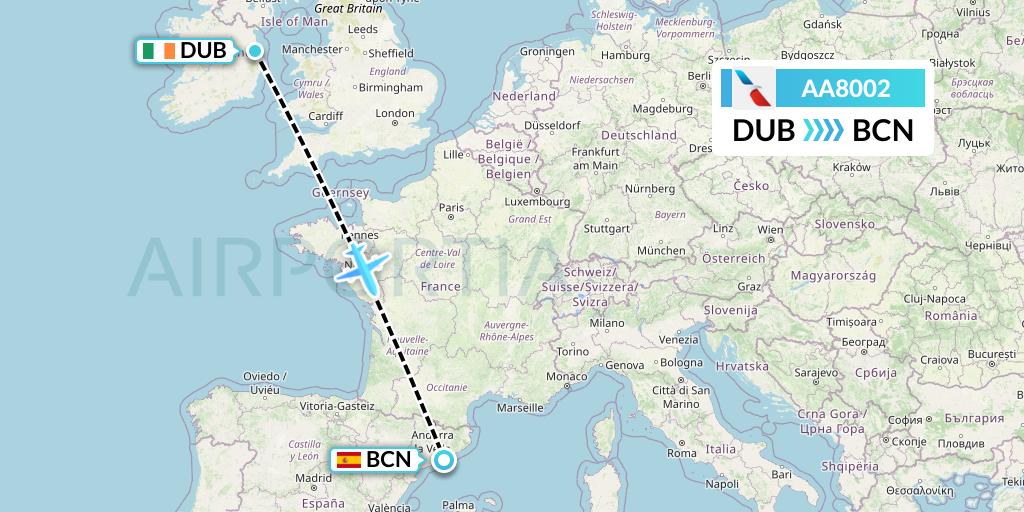 AA8002 American Airlines Flight Map: Dublin to Barcelona