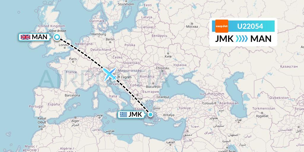 U22054 EasyJet Flight Map: Mykonos to Manchester