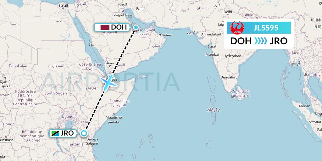 JL5595 Japan Airlines Flight Map: Doha to Kilimanjaro