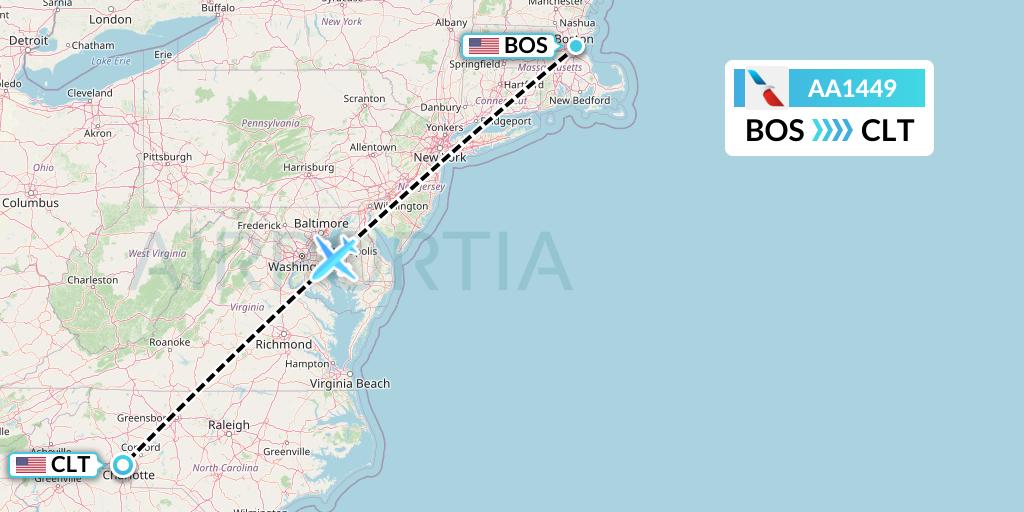 AA1449 American Airlines Flight Map: Boston to Charlotte