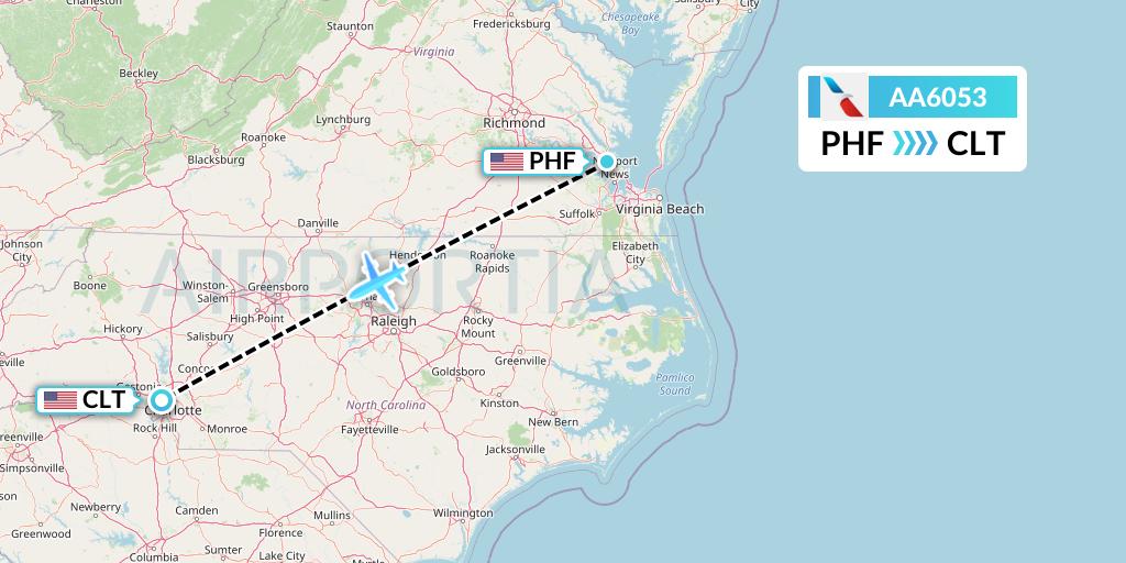 AA6053 American Airlines Flight Map: Newport News to Charlotte