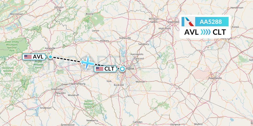 AA5288 American Airlines Flight Map: Asheville to Charlotte