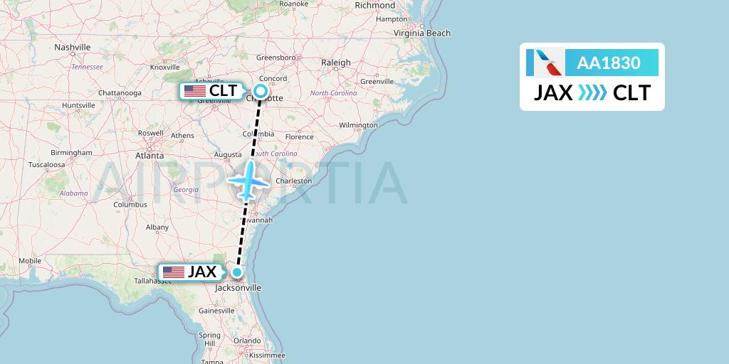 AA1830 American Airlines Flight Map: Jacksonville to Charlotte
