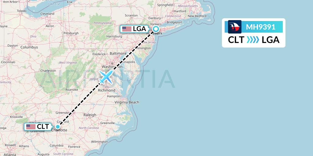 MH9391 Malaysia Airlines Flight Map: Charlotte to New York