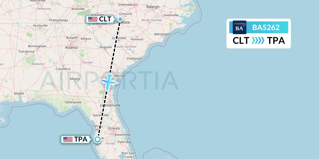 BA5262 British Airways Flight Map: Charlotte to Tampa