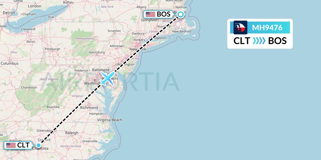 MH9476 Malaysia Airlines Flight Map: Charlotte to Boston