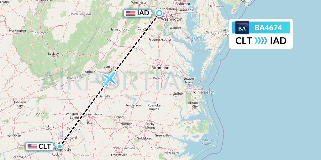 BA4674 British Airways Flight Map: Charlotte to Washington