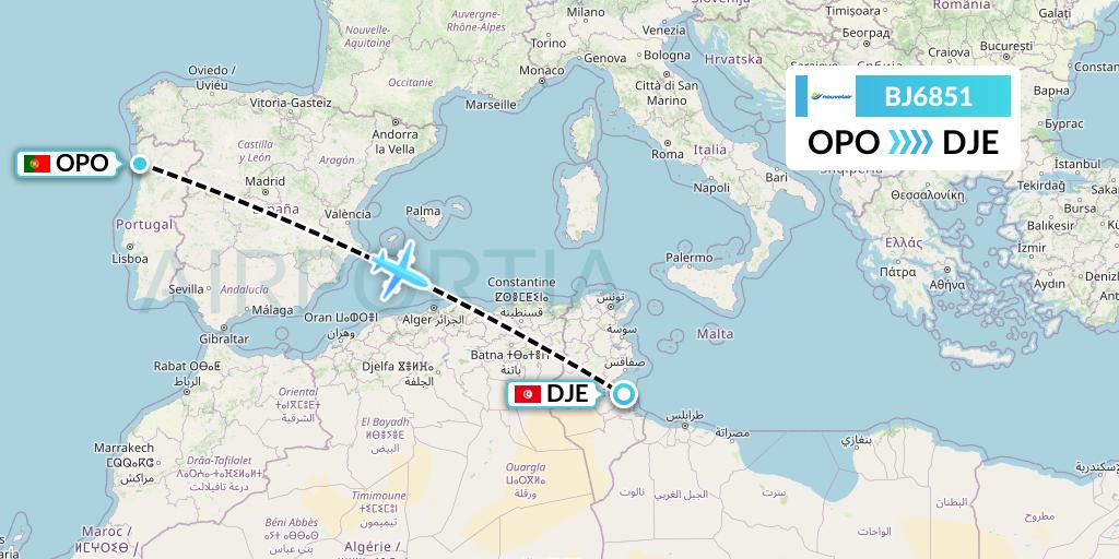BJ6851 Nouvelair Tunisie Flight Map: Porto to Djerba