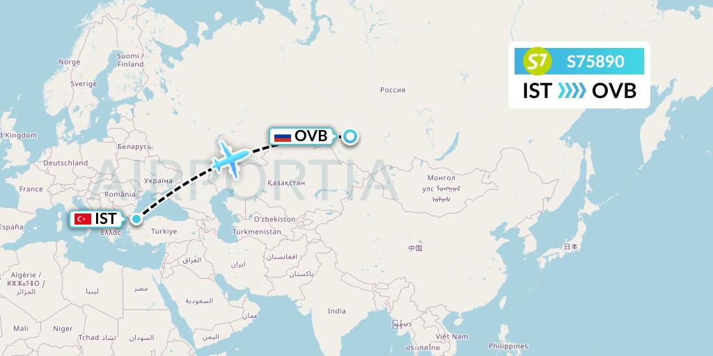 S75890 S7 Airlines Flight Map: Istanbul to Novosibirsk