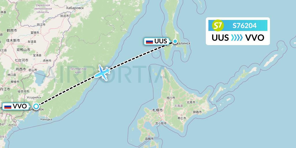 S76204 S7 Airlines Flight Map: Yuzhno-Sakhalinsk to Vladivostok