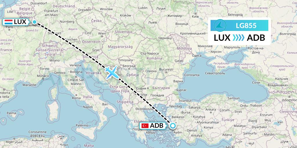 LG855 Luxair Flight Map: Luxembourg to Izmir