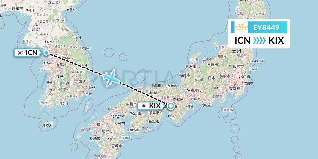 EY8449 Etihad Airways Flight Map: Seoul to Osaka