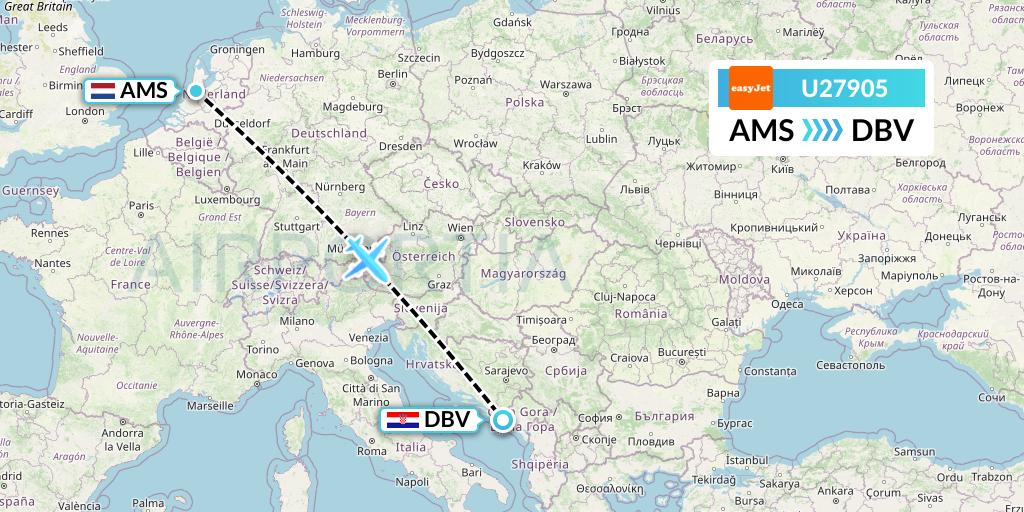U27905 EasyJet Flight Map: Amsterdam to Dubrovnik