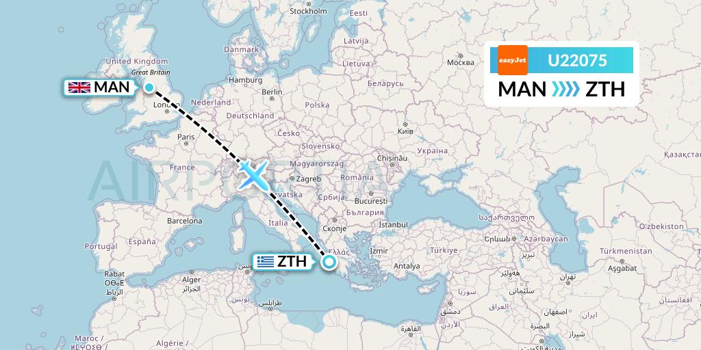 U22075 EasyJet Flight Map: Manchester to Zakynthos