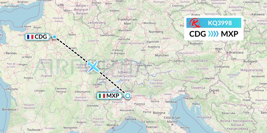KQ3998 Kenya Airways Flight Map: Paris to Milan