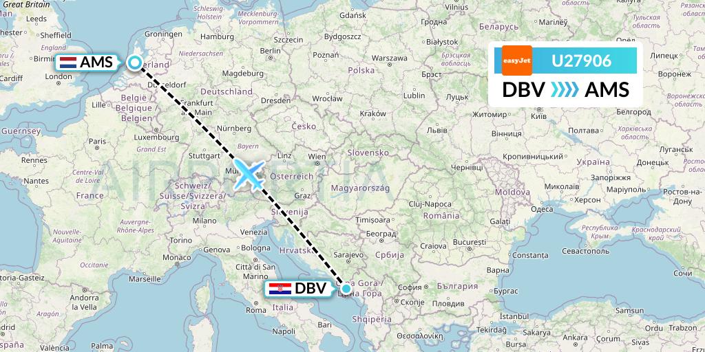 U27906 EasyJet Flight Map: Dubrovnik to Amsterdam