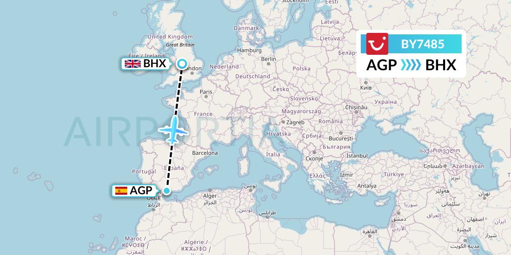 BY7485 TUI Airways Flight Map: Malaga to Birmingham