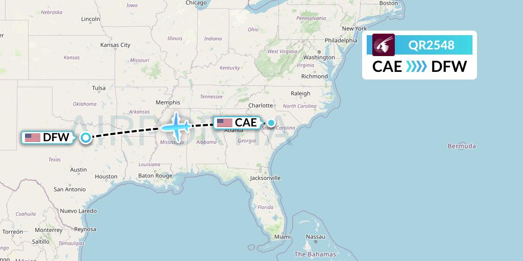 QR2548 Qatar Airways Flight Map: Columbia to Dallas