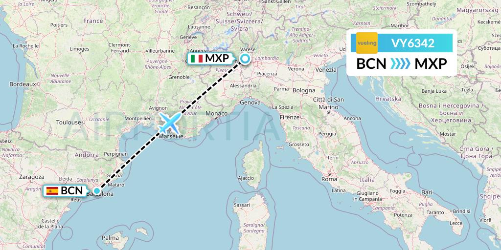 VY6342 Vueling Flight Map: Barcelona to Milan