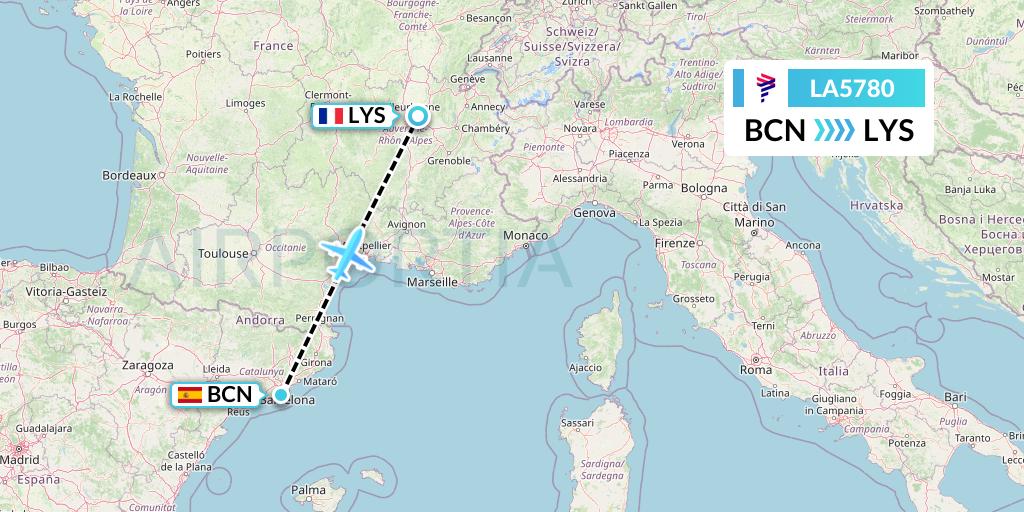 LA5780 LAN Airlines Flight Map: Barcelona to Lyon