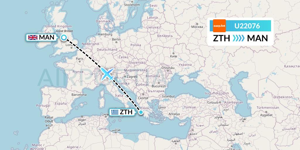 U22076 EasyJet Flight Map: Zakynthos to Manchester