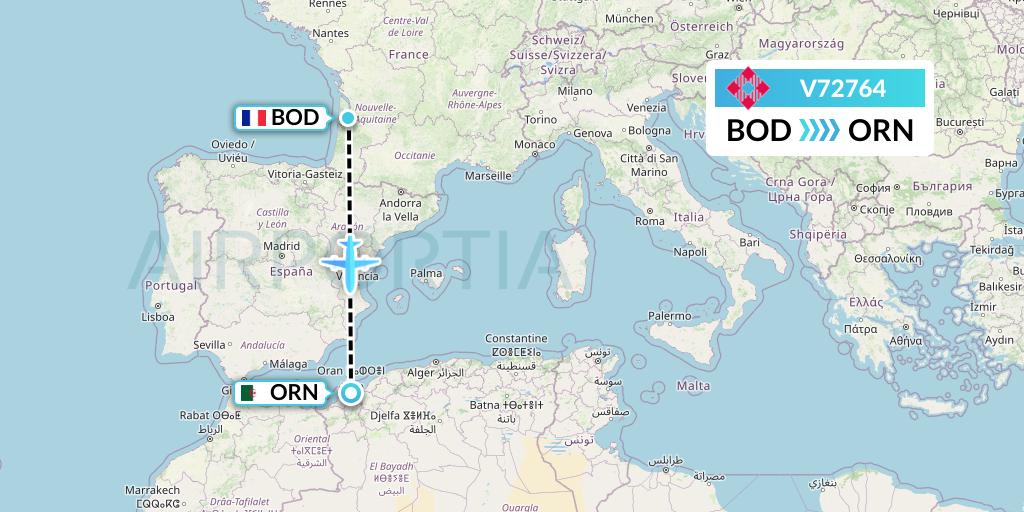 V72764 Volotea Flight Map: Bordeaux to Oran