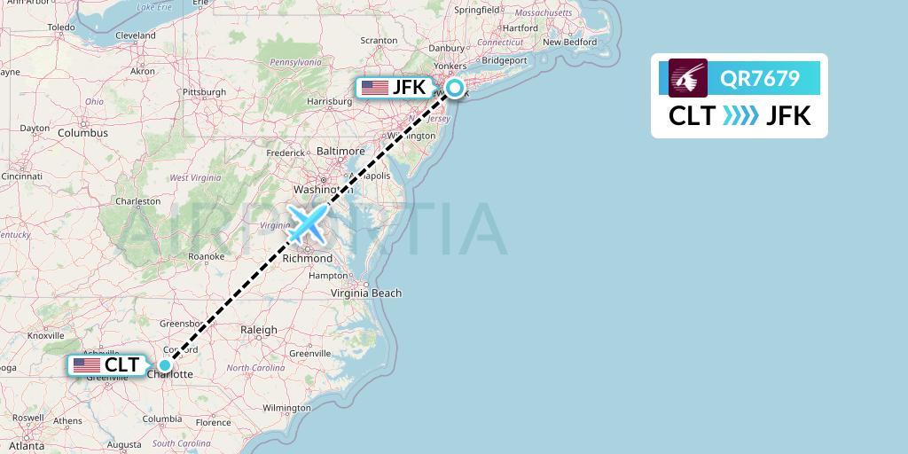 QR7679 Qatar Airways Flight Map: Charlotte to New York