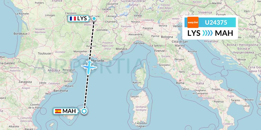 U24375 EasyJet Flight Map: Lyon to Mahon