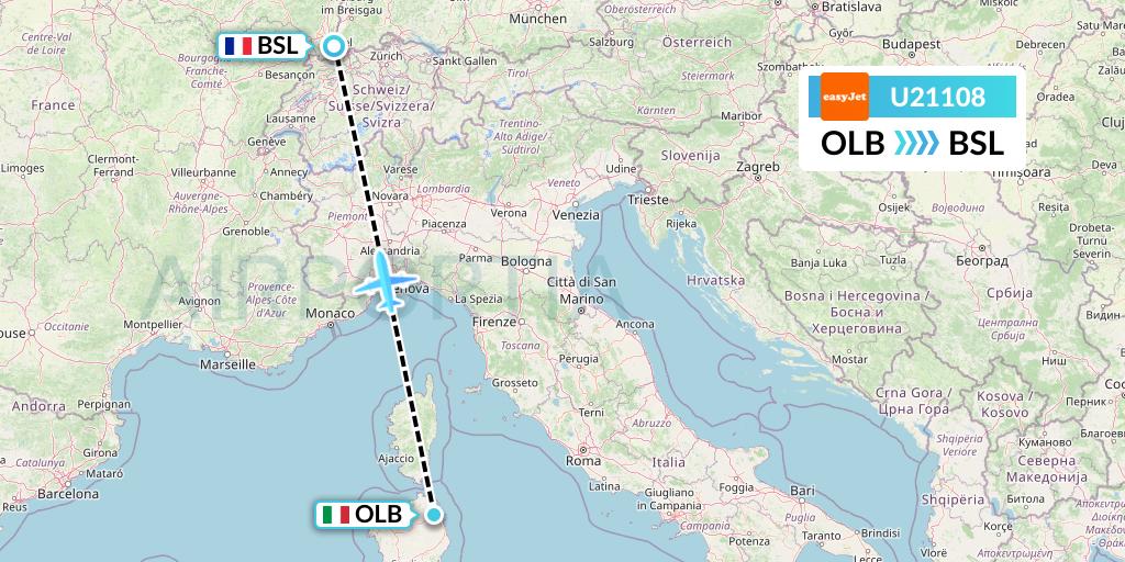U21108 EasyJet Flight Map: Olbia to Basel