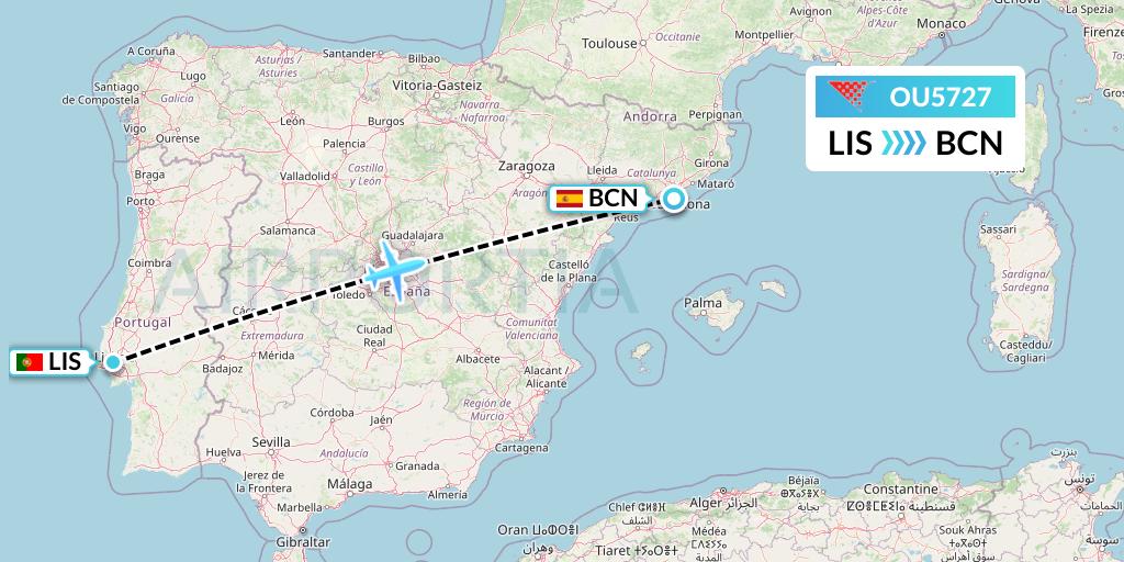 OU5727 Croatia Airlines Flight Map: Lisbon to Barcelona