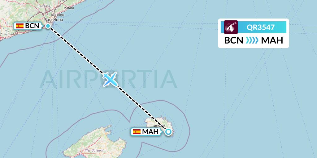 QR3547 Qatar Airways Flight Map: Barcelona to Mahon