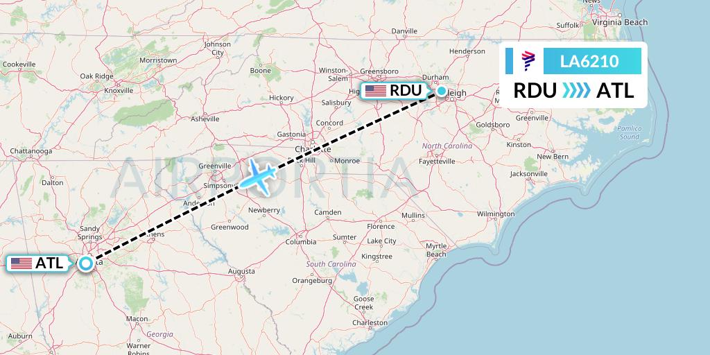 LA6210 LAN Airlines Flight Map: Raleigh-Durham to Atlanta