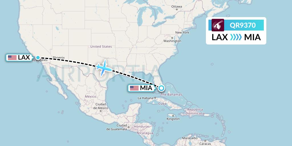 QR9370 Qatar Airways Flight Map: Los Angeles to Miami