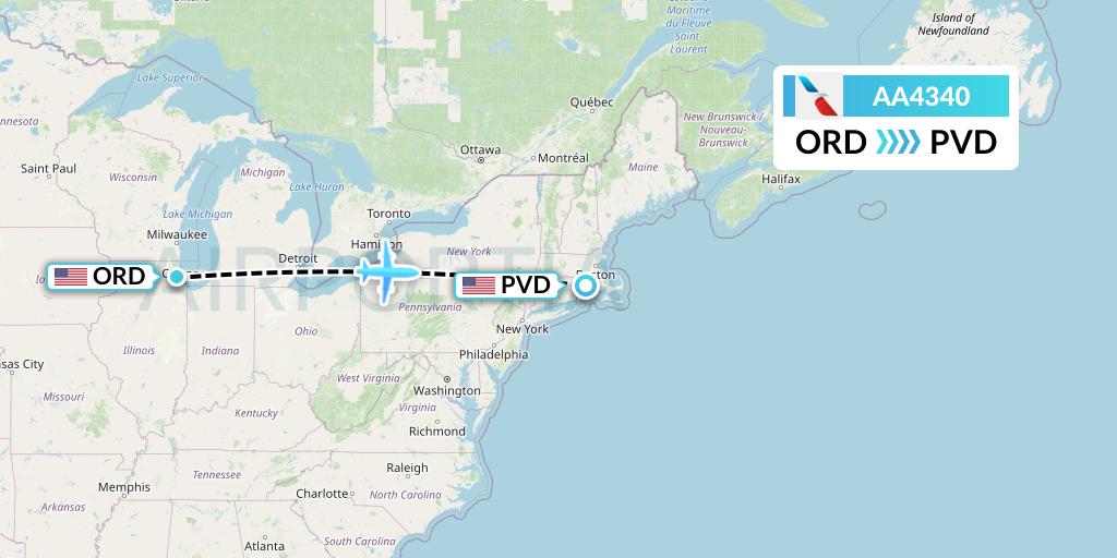AA4340 American Airlines Flight Map: Chicago to Providence